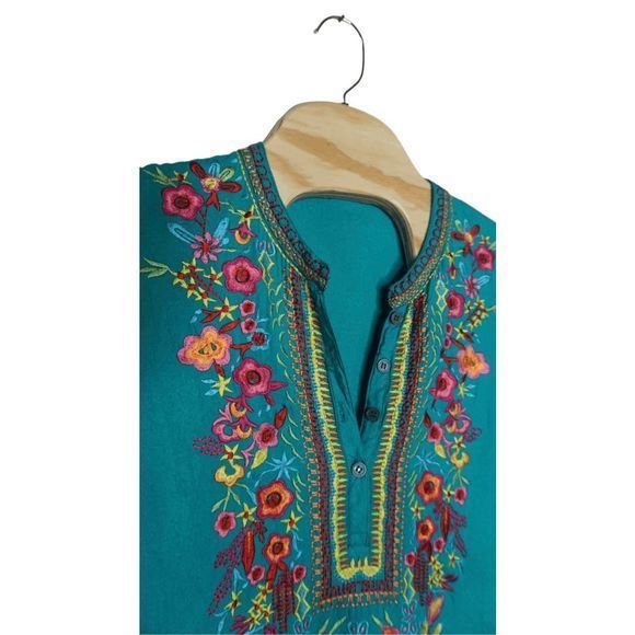 Teal Blue Embroidered Floral Long Sleeve Tunic Flowy Blouse - See Measurements - Picture 3 of 4